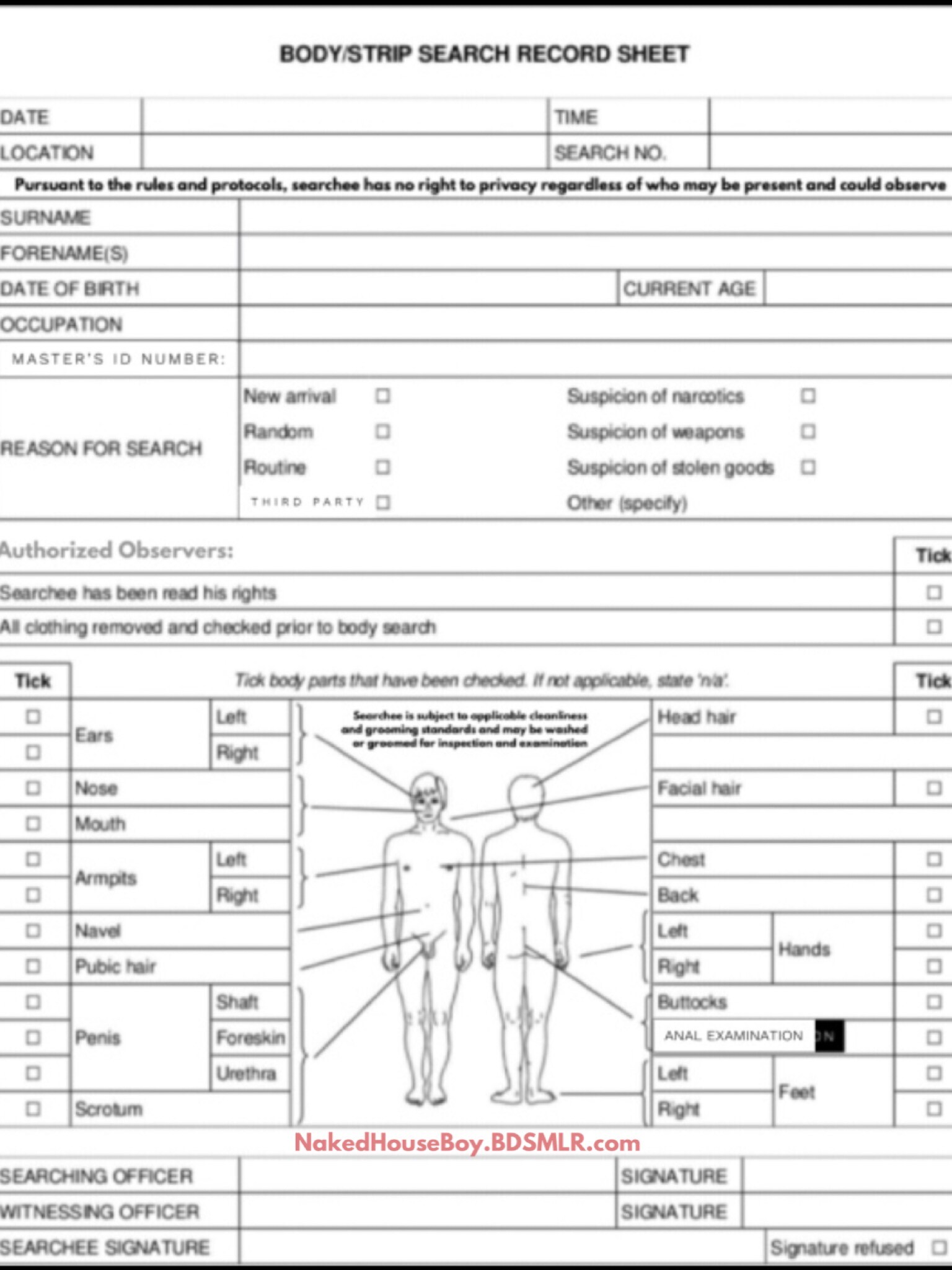 Strip Search Record Sheet